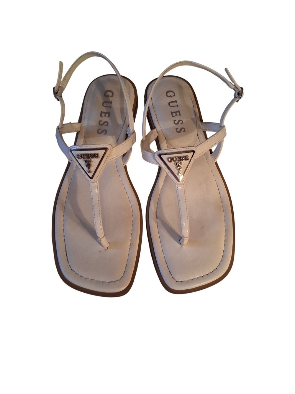 GUESS White T-Strap Logo Sandals with Silver Triangle Accent    Size 9